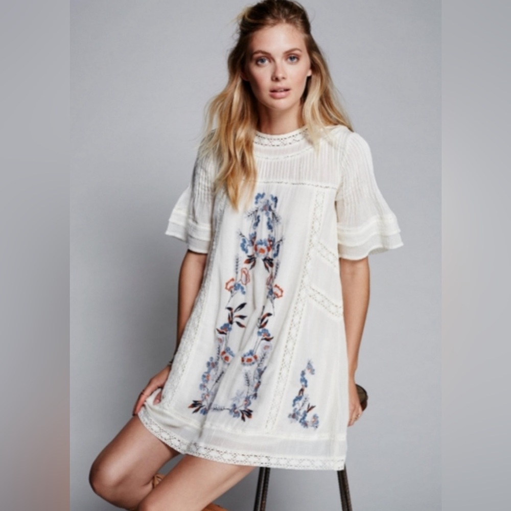 Free People Perfectly Victorian Floral Embroidered Mini Dress Cream Size XS
